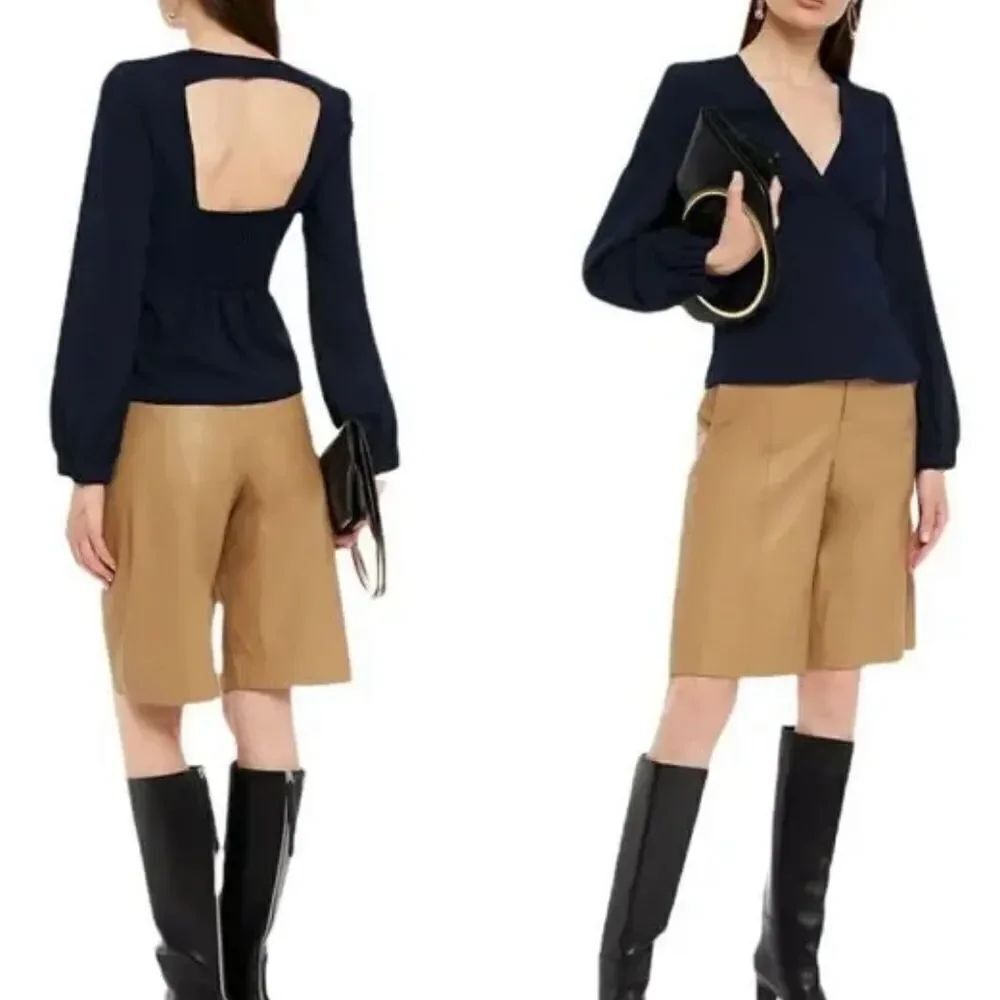 BA&SH Mwetty open-back shirred crepe blouse in Midnight Blue Large NWT MSRP $275